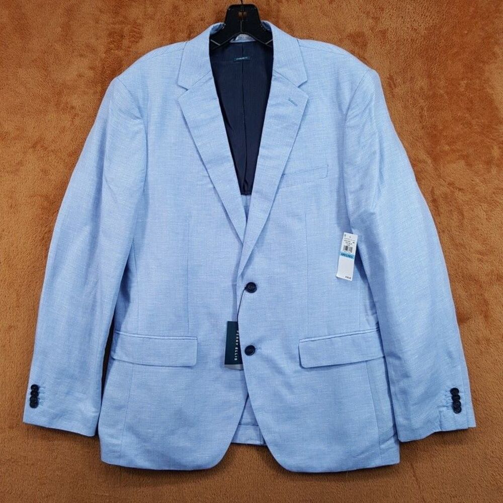 PERRY ELLIS Suit Jacket Mens 40 R Light Blue Herringbone Linen Blend Sport Coat